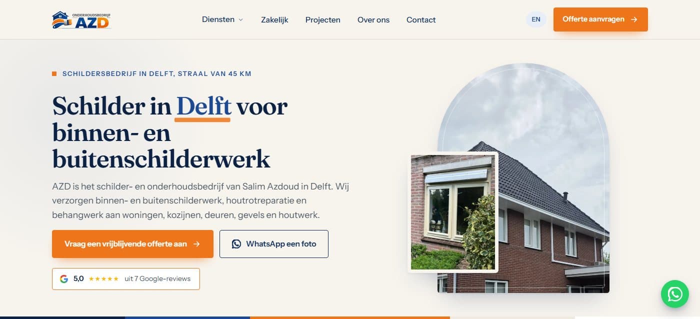 Voorbeeld van een website die ik bouwde voor Onderhoudsbedrijf AZD, een schildersbedrijf