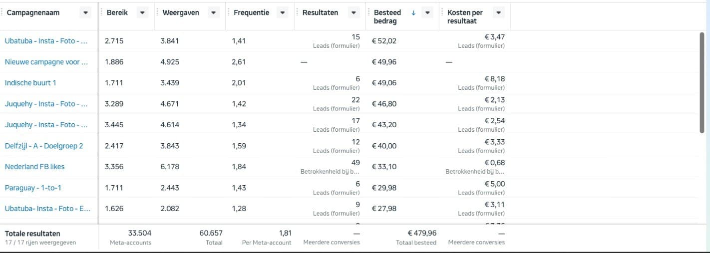 Resultaten van een Meta-advertentiecampagne: leads tegen lage kosten per resultaat