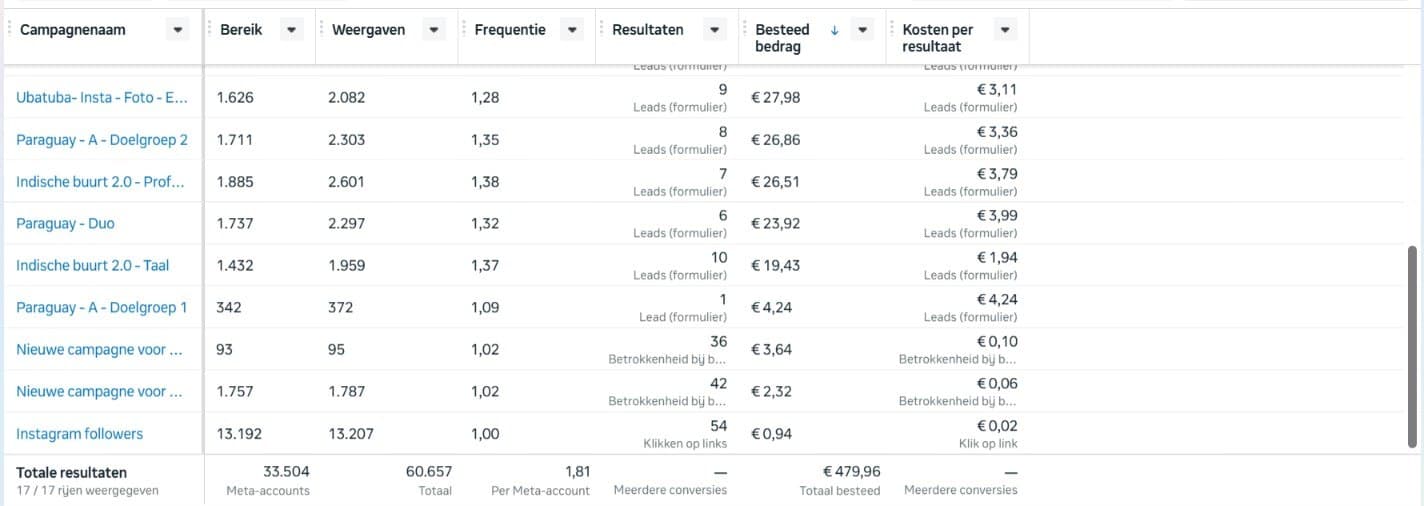 Resultaten van een Meta-advertentiecampagne: leads tegen lage kosten per resultaat