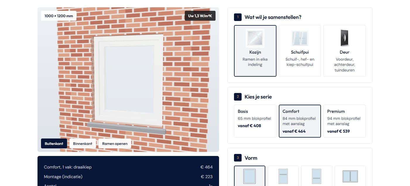 De 3D-configurator die ik bouwde voor Venix Kozijnen, waarin klanten een kozijn samenstellen en direct de prijs zien
