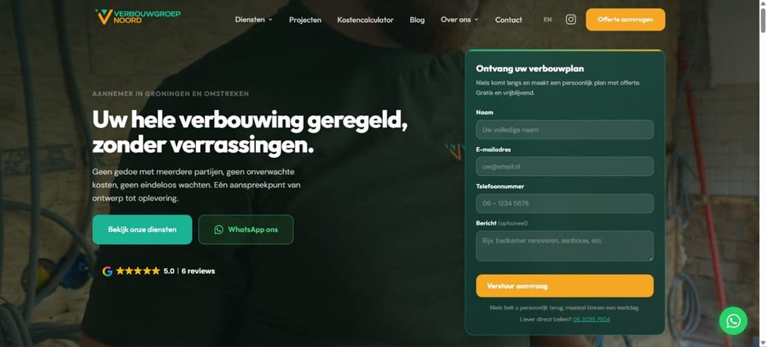 De website van Verbouwgroep Noord